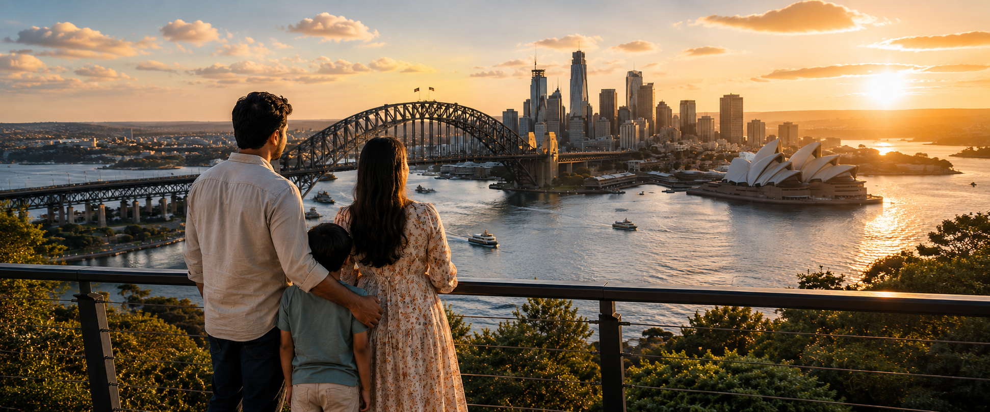 Family overlooking Sydney Harbour at sunset