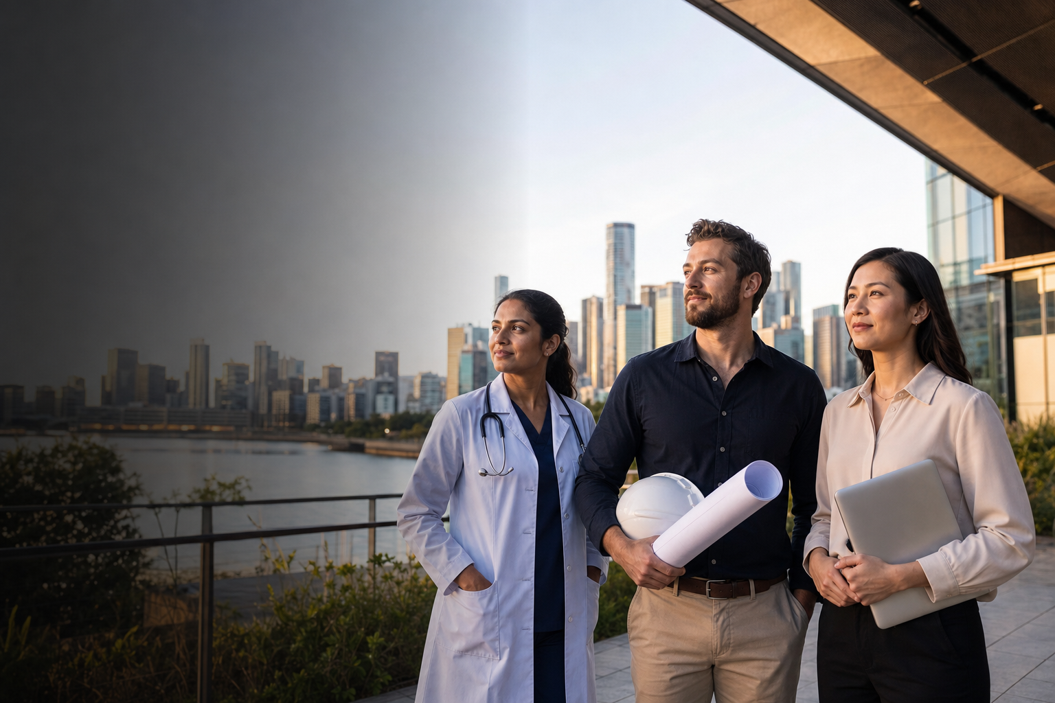 Skilled professional overlooking the Brisbane city skyline