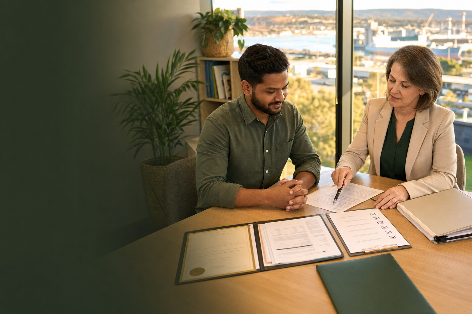 Skilled professional reviewing assessment documents with an adviser in Newcastle